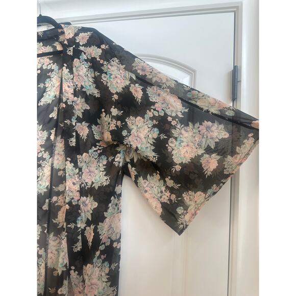 Honey Punch Sheer Black with Pastel Floral Long Open Front Kimono - Picture 3 of 6